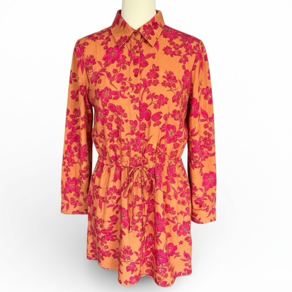 Easel Dark Camel Fuschia Shirt Dress Tie Belt, L